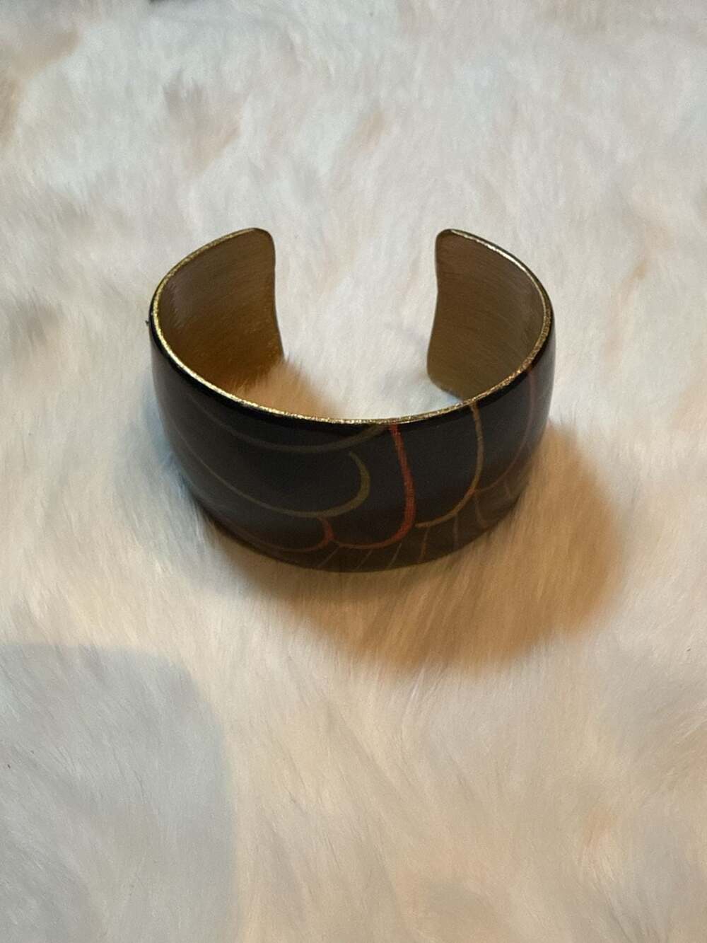 Vintage John Crutchfield Wide Art Cuff Bracelet Black Gold Graphic Print